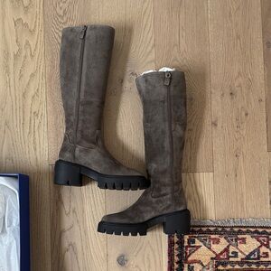 Stuart Weitzman Taupe Suede Knee-High Lug Sole Boots